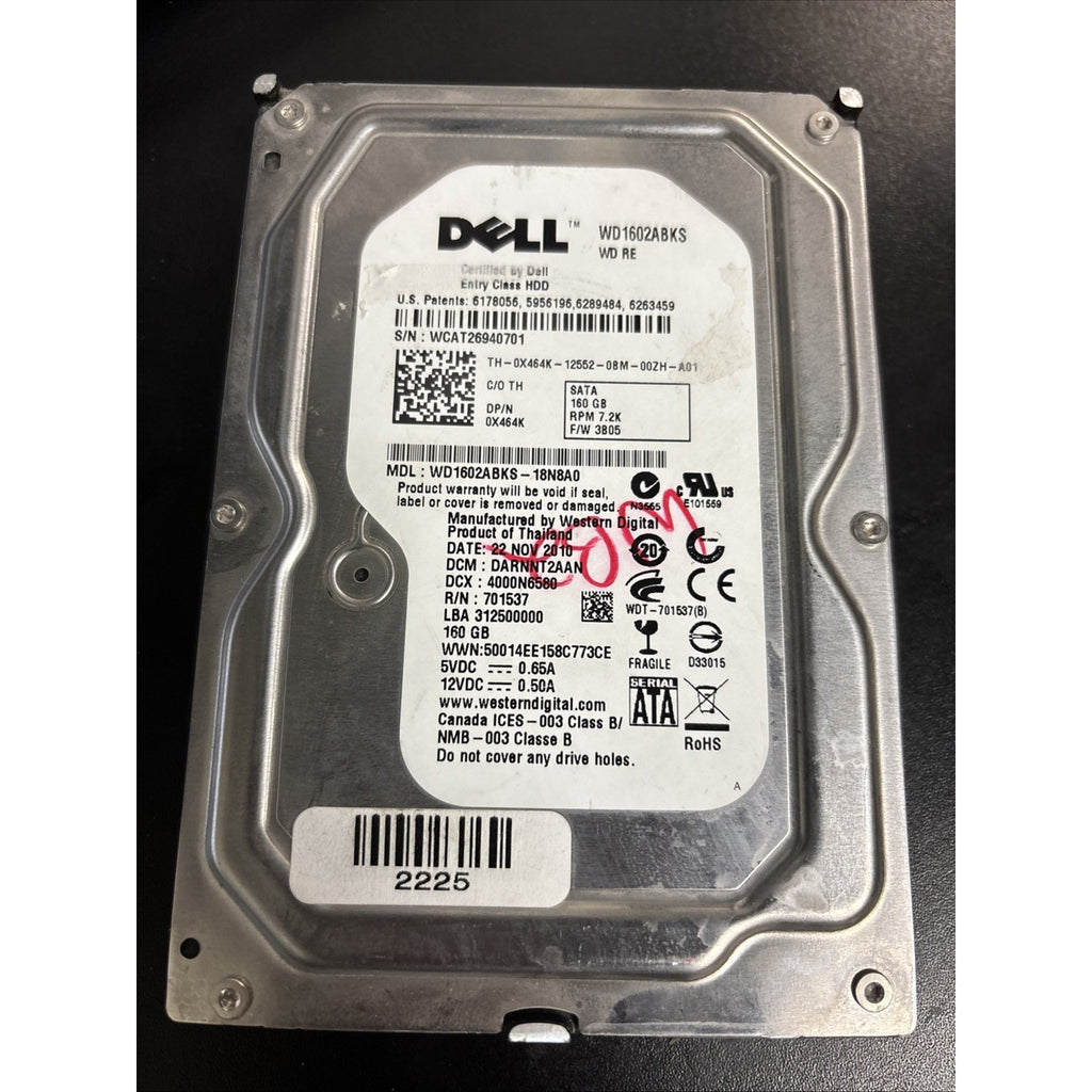 Western Digital WD1602ABKS 160GB 3.5 In. SATA HDD Dell P/N: 0X464K F/W: 3B05