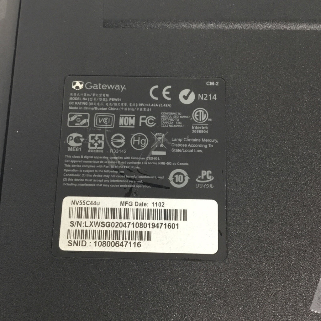 Gateway PEW91 - NV55C03u - 15.5” Laptop - UNTESTED