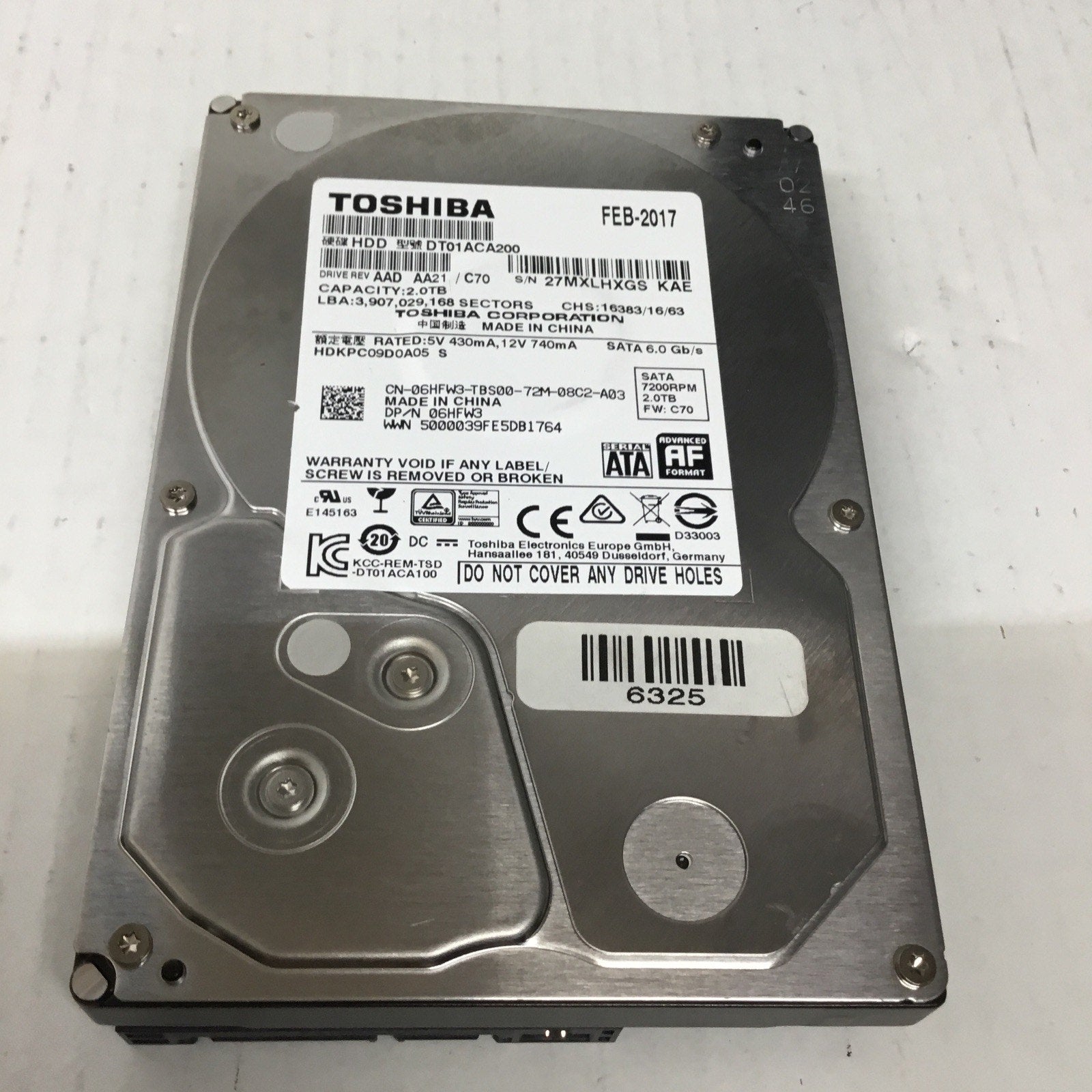 6HFW3 06HFW3 DT01ACA200 DELL 2TB 7200RPM 6Gbps 3.5" SATA HDD Hard Drive