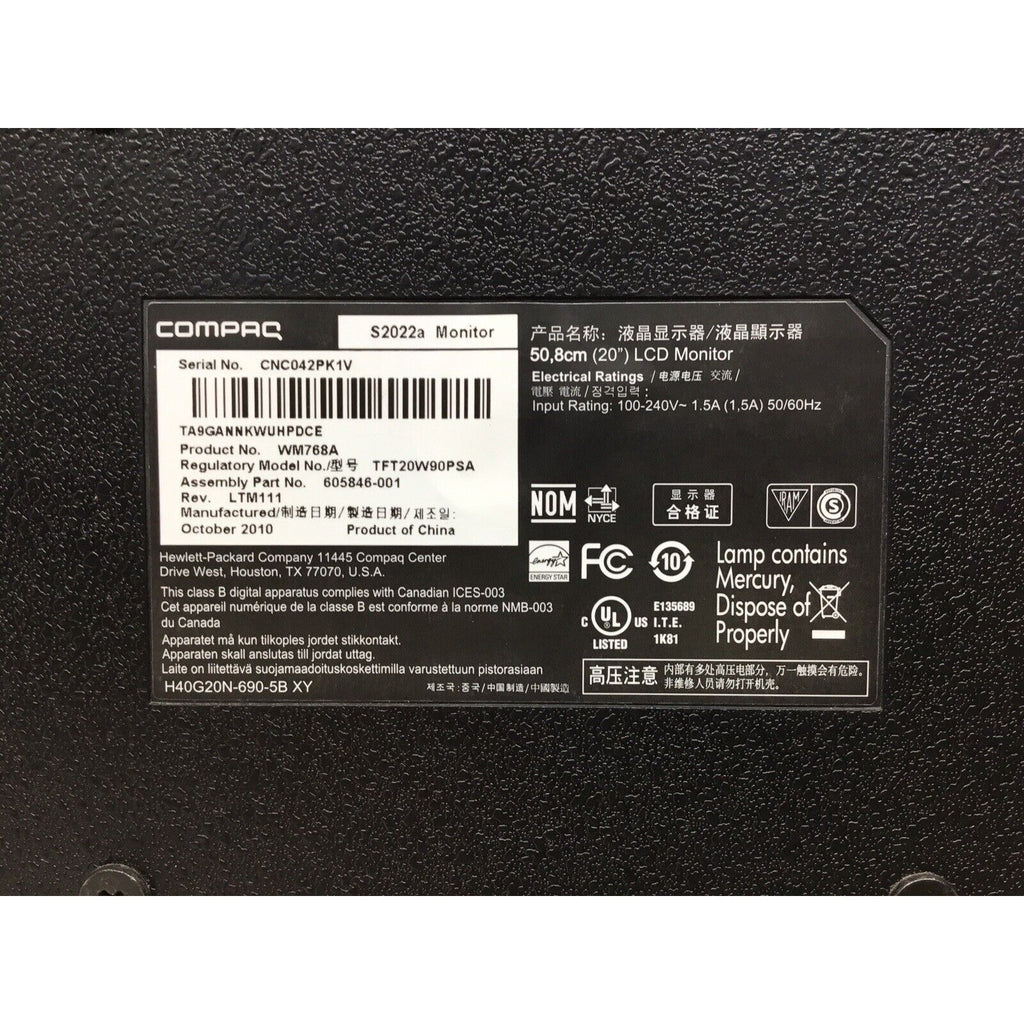 HP Compaq S2022a 20" LCD Monitor + Stand VGA DVI-D