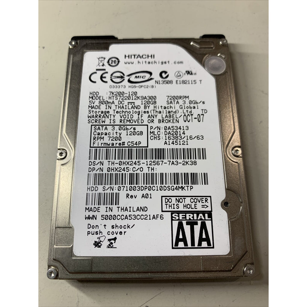 HITACHI 120GB HTS722012K9A300 7K200-120 7200RPM SATA Laptop Hard Drive 0A53413