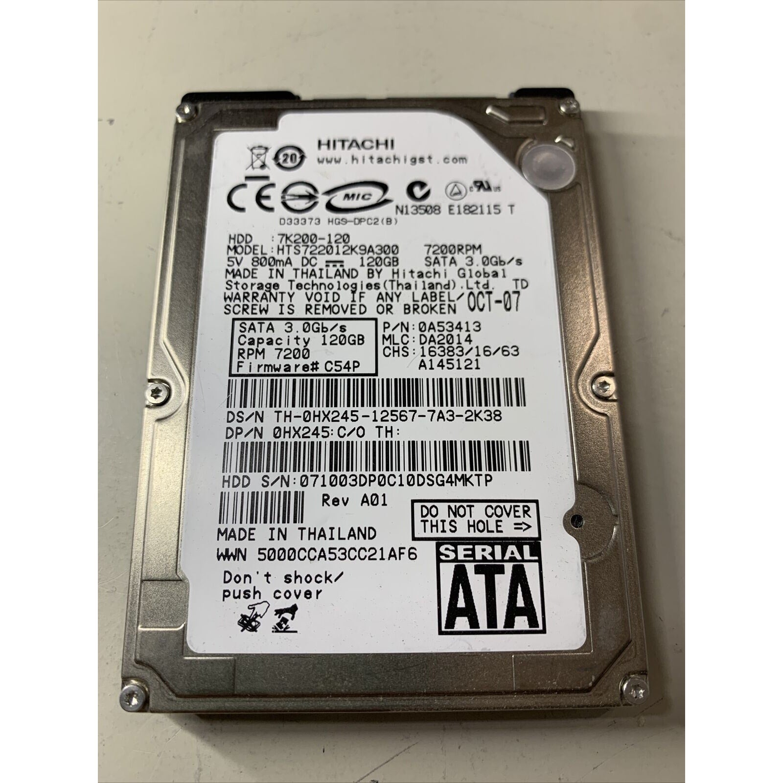 HITACHI 120GB HTS722012K9A300 7K200-120 7200RPM SATA Laptop Hard Drive 0A53413