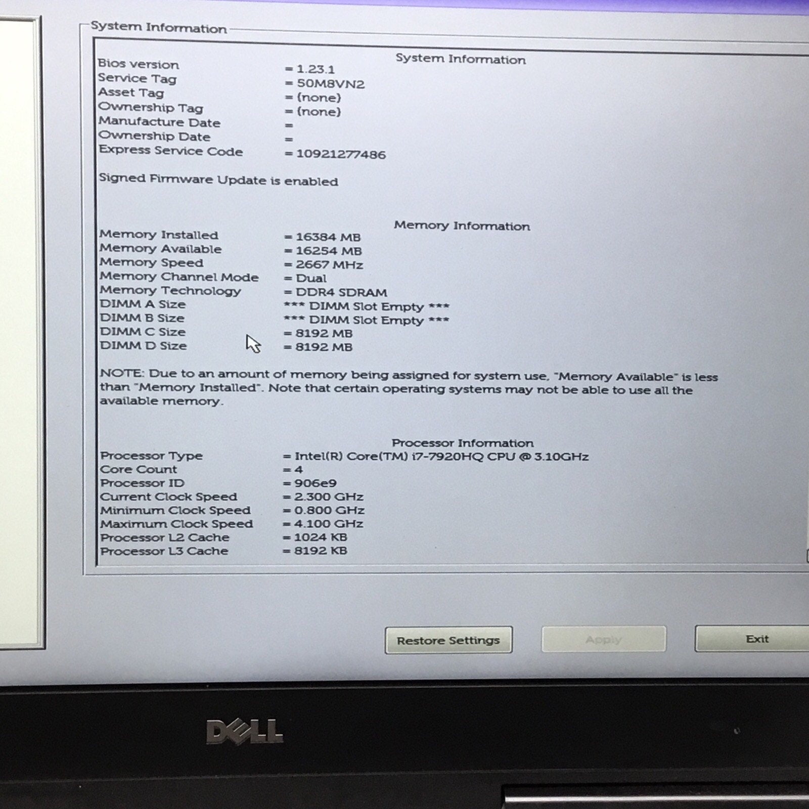 Dell Precision 7520 i7-7920HQ 3.10GHz 16GB Ram DDR4 No HDD No Adapter