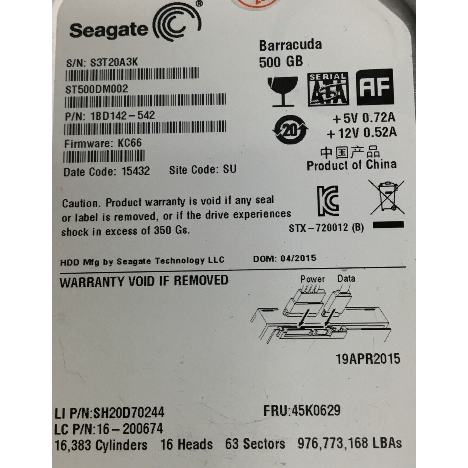 Seagate Barracuda 500GB 3.5in HDD 7200RPM SATA 1BD142-542