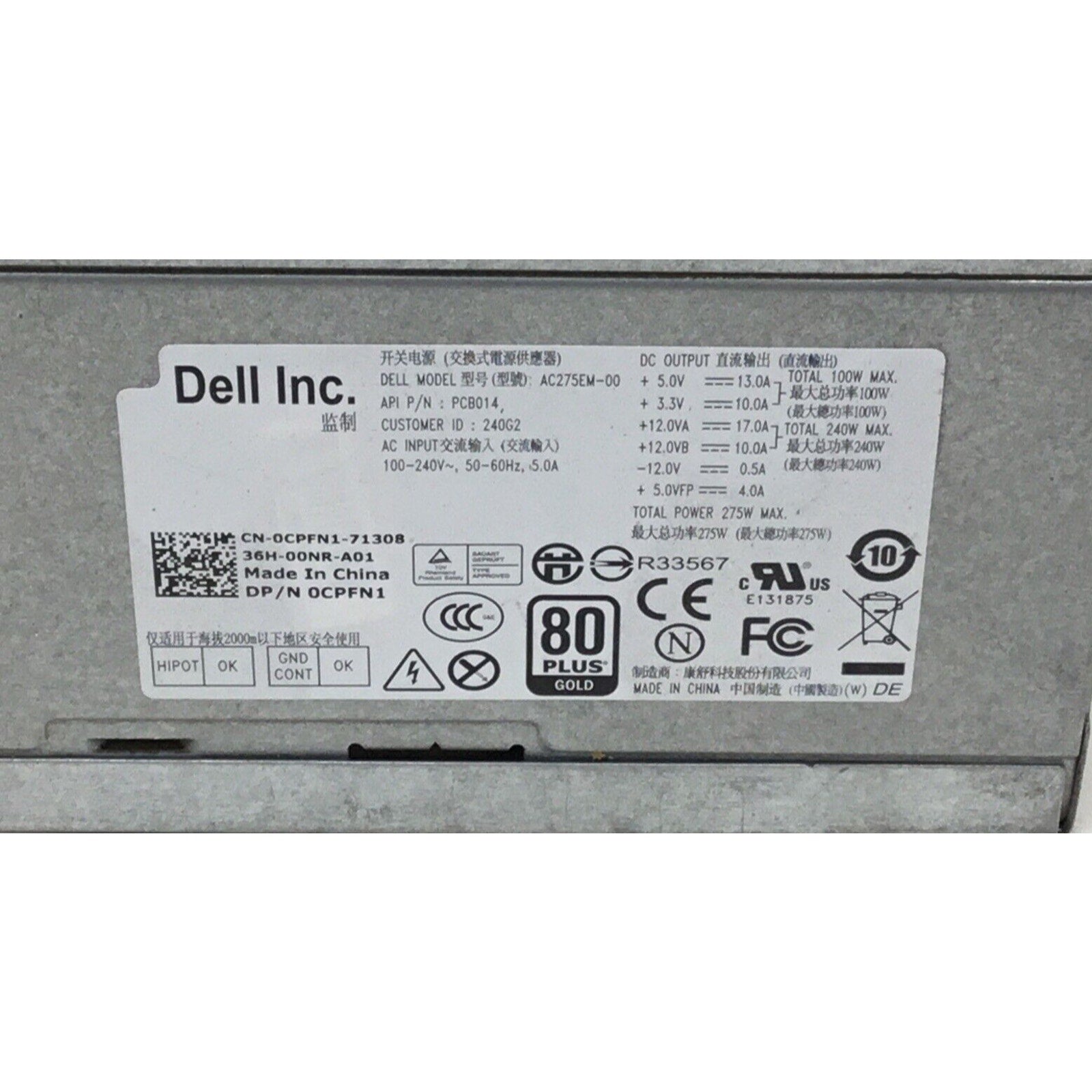 Dell OptiPlex 3010 7010 9010 275W Power Supply Model AC275EM-00 CPFN1 0CPFN1