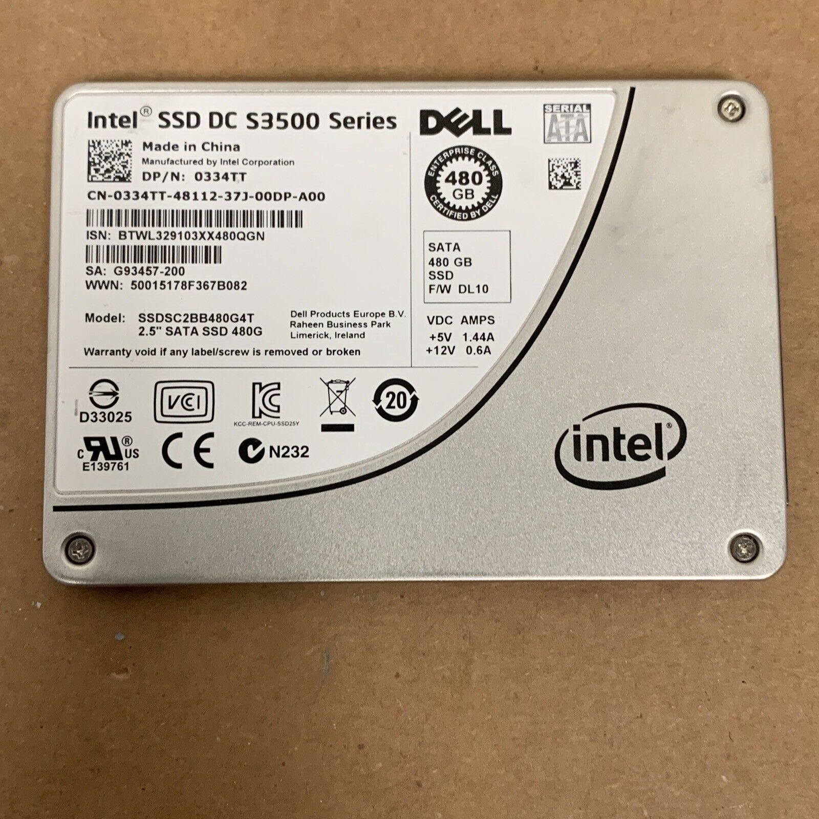 DELL/ Intel DC S3500 480GB 6G 2.5INCH SATA SSD SSDSC2BB480G4T 0334TT 334TT