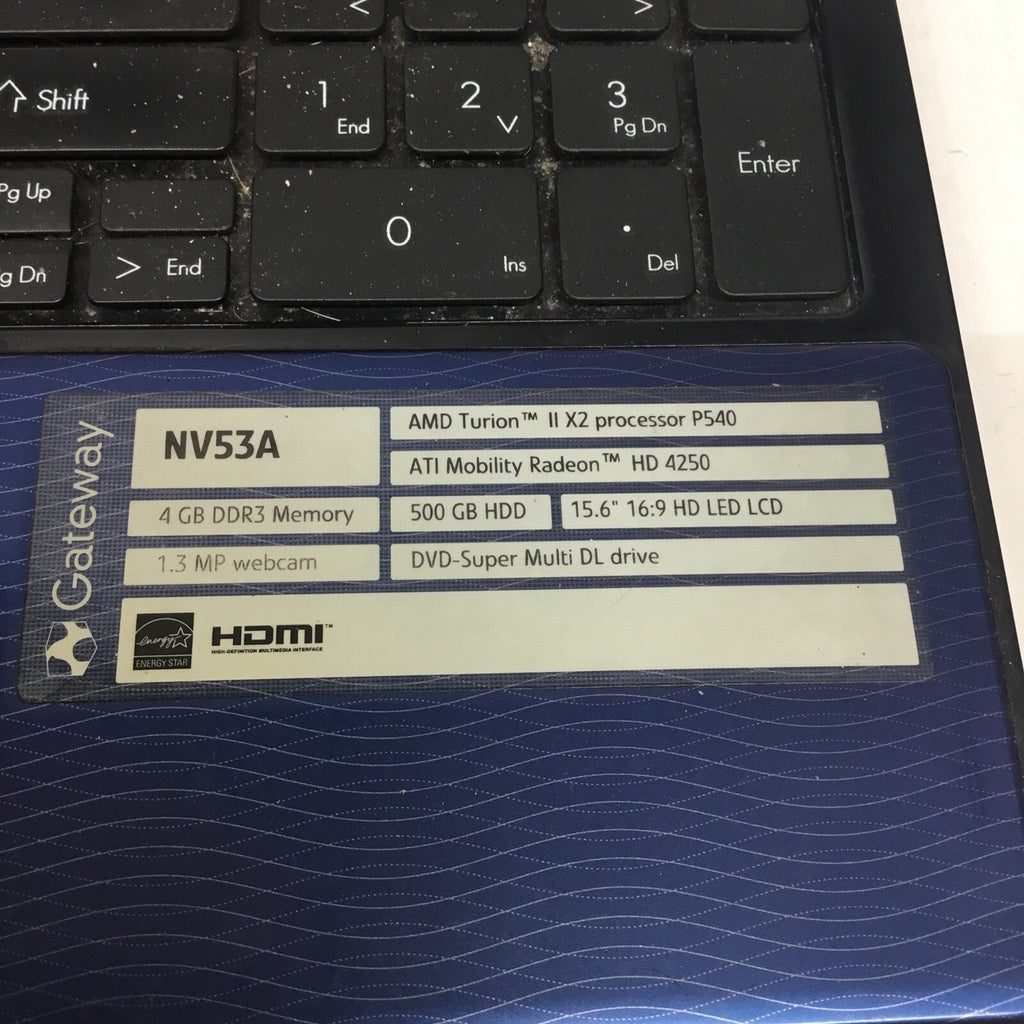 For Parts Gateway NV53A Laptop / No HDD / No Adapter / Bad Battery