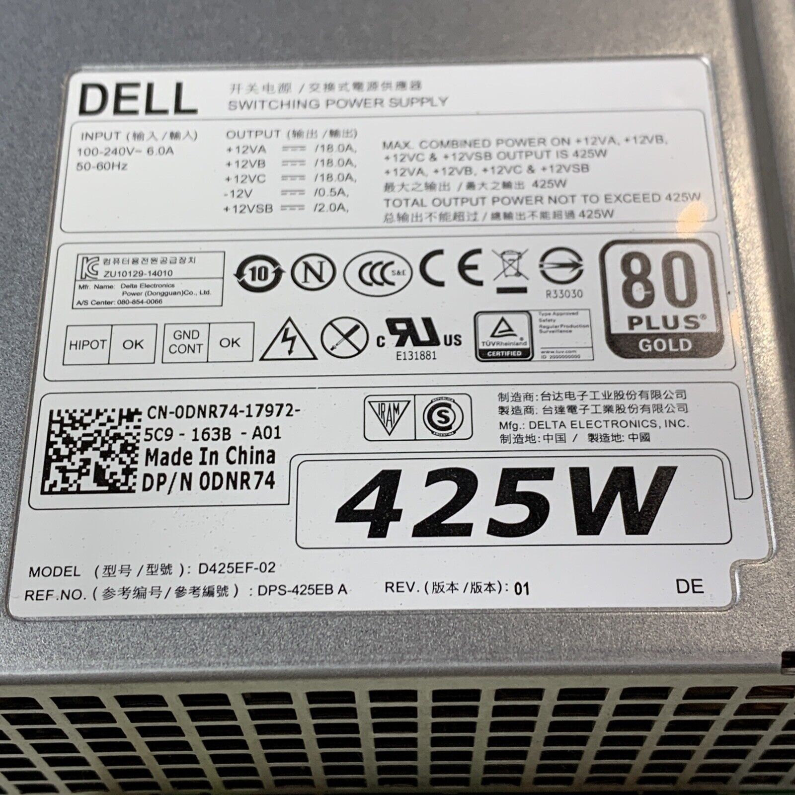 Dell D425EF-02 0DNR74 425W Switching Power Supply For Precision T5810 T3610