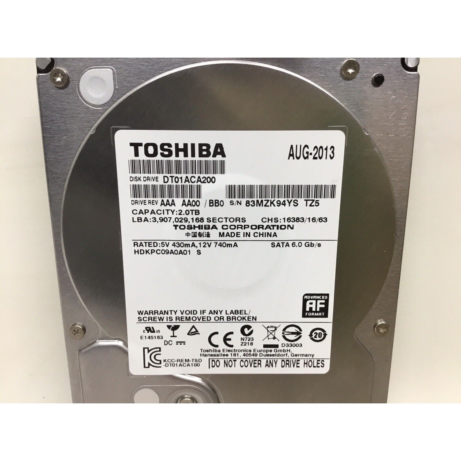 Toshiba 2TB HDD 7200RPM 64MB Cache SATA III 6.0Gb/s 3.5" Hard Drive DT01ACA200