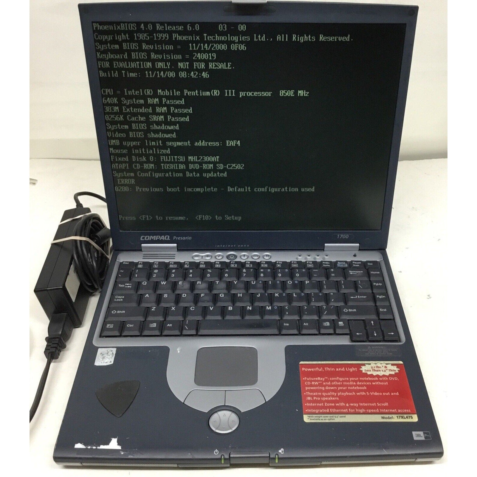 Compaq Presario 1700 Windows XP Good Condition With Adapter